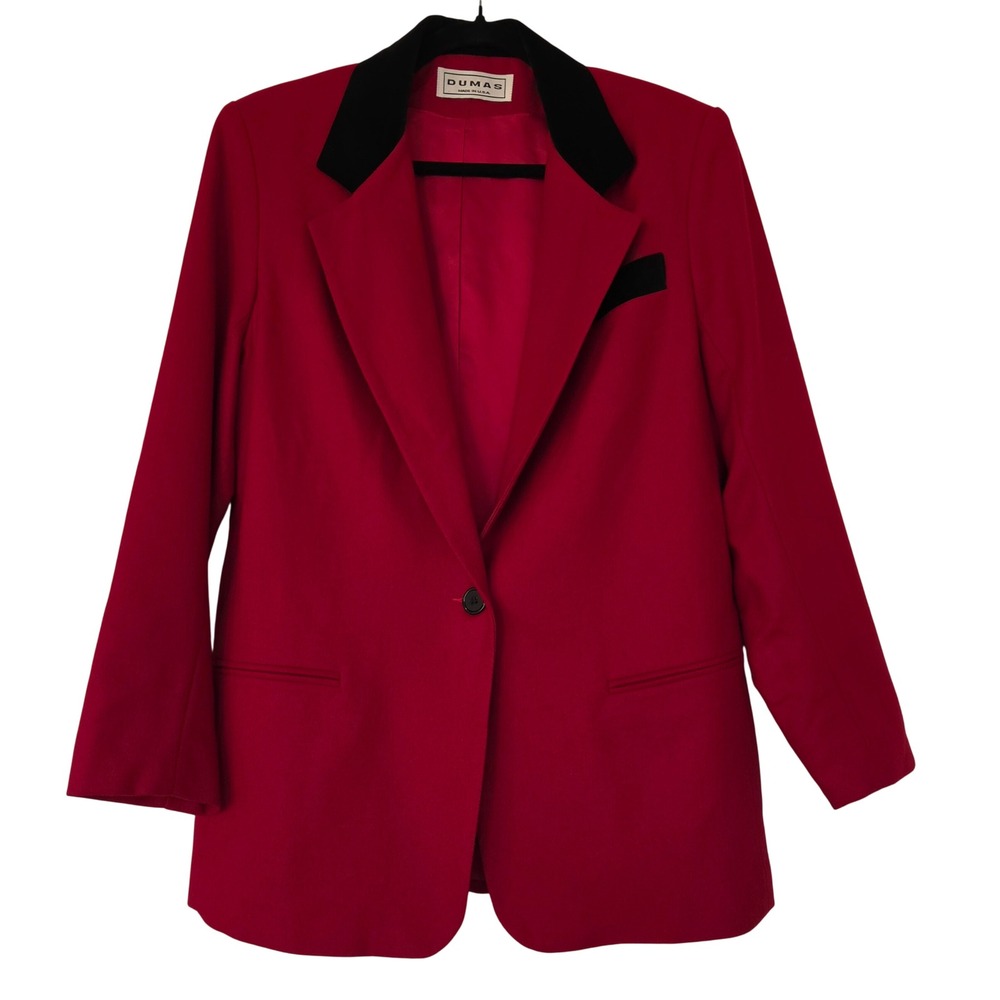 Vintage Dumas Red 100% Pure Wool Blazer Velvet Trim 8 Old Money Preppy Statement